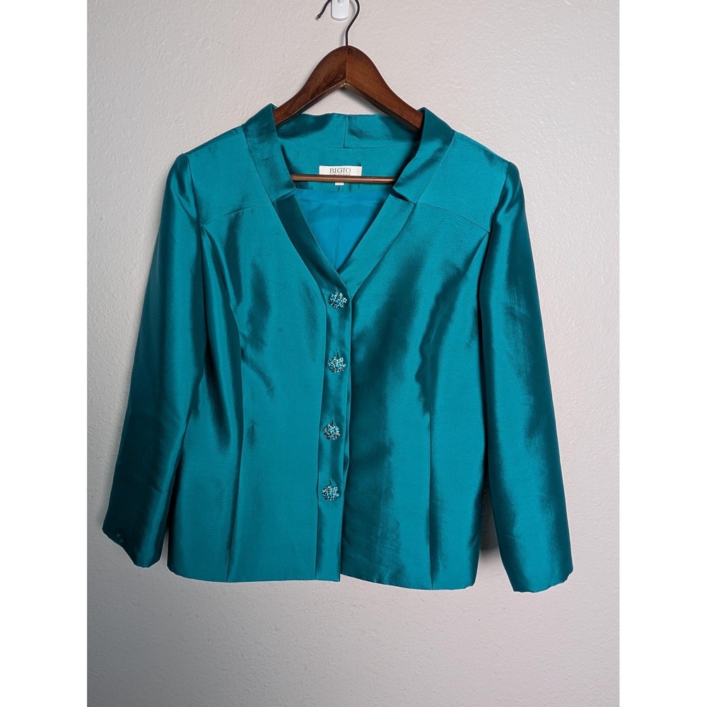 Bigio Collection Suit Jacket Womens‎ 14 Blue Shawl Collar Beaded Button Lined